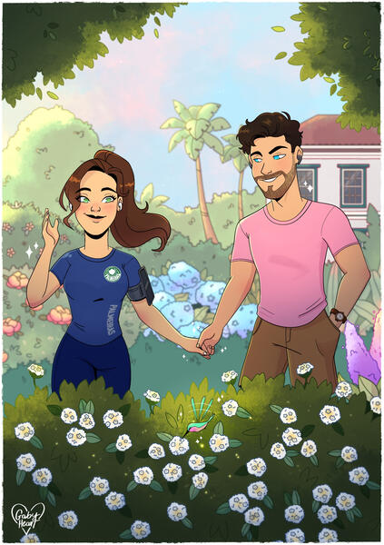This ilustration was created to represent two characters of a book. This is a scene that happens in the bookbetween the two main characters in a garden and the author also wanted to use as cover of it