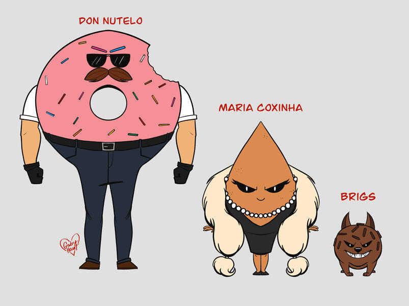 Illustration inspired by sweets and snacks, developed for a contest with the words: donut, coxinha, random and mustache - as vilains characters. https://www.behance.net/gallery/149106533/Gangue-dos-quitutes-%28Treats-gang%29