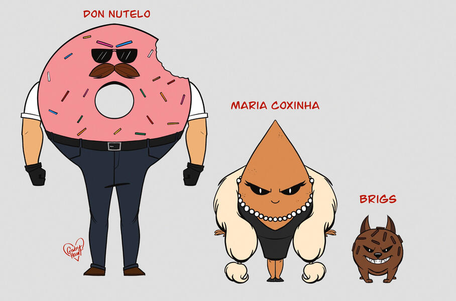 Illustration inspired by sweets and snacks, developed for a contest with the words: donut, coxinha, random and mustache - as vilains characters. https://www.behance.net/gallery/149106533/Gangue-dos-quitutes-%28Treats-gang%29